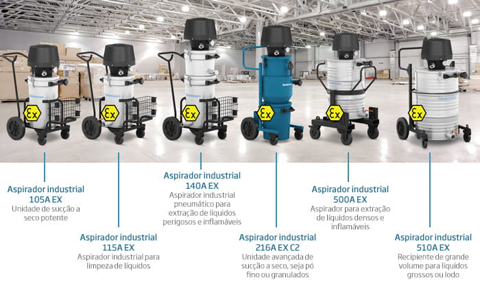 Para limpeza móvel de alto vácuo, utilize: Aspirador industrial 105A EX, 115A EX, 140A EX, 216A EX C2, 500A EX, 510A EX | Nederman